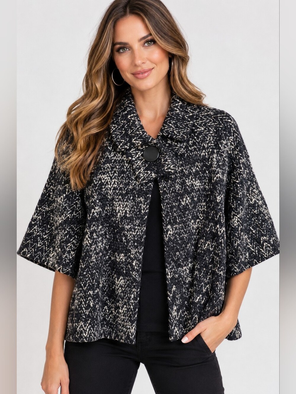 Carole Little Black White Herringbone One Button Cardigan Cape Size 1X Wool